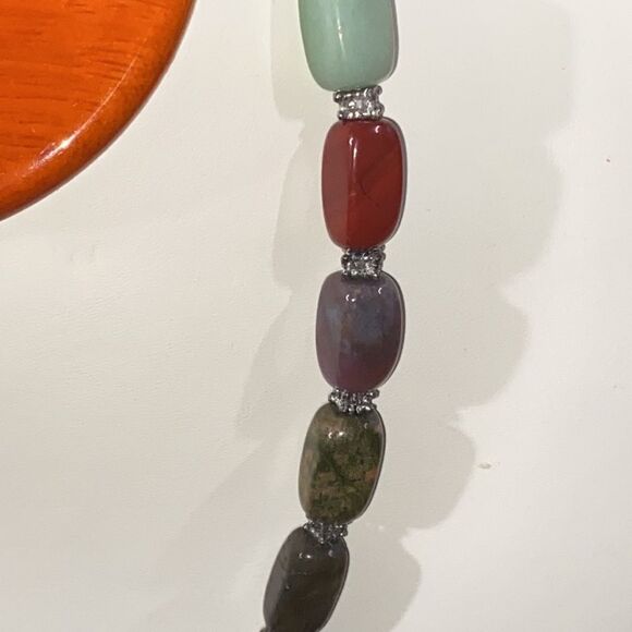 Multicolored Semi Precious Stone & Sterling Silver Chain Necklace - Picture 4 of 8